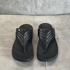 NWT Fitflop Women's Black Walkstar Leather Toe-Post Wedge Sandals SZ 6
